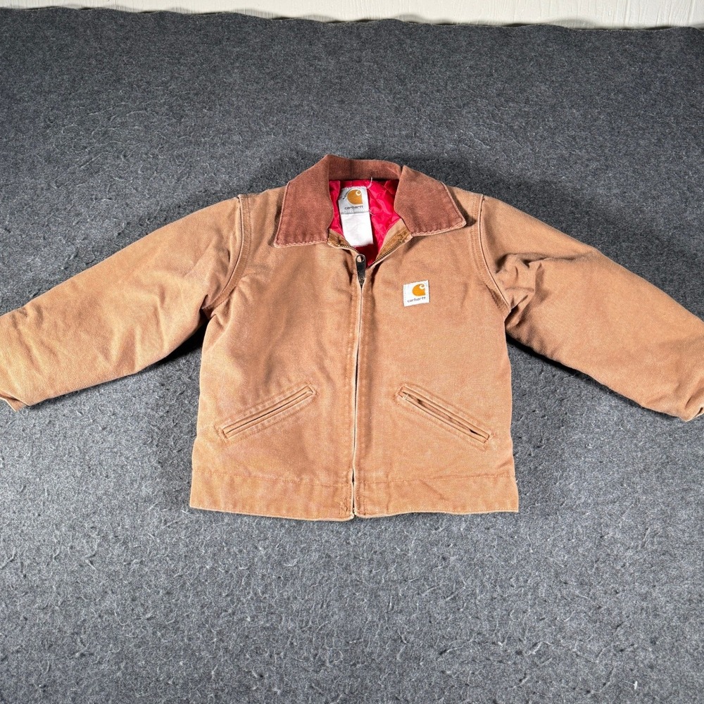 Vintage Carhartt Y04 Detroit Jacket Youth 8 Brown Duck Red Quilt Lined Distress - Picture 2 of 10